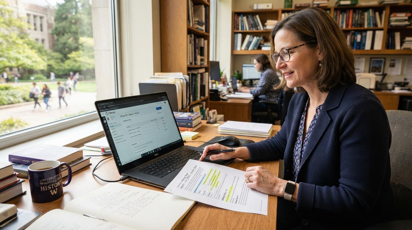 College instructor grading digital assignments using a rubric on a laptop while reviewing academic integrity reports in a bright university workspace.