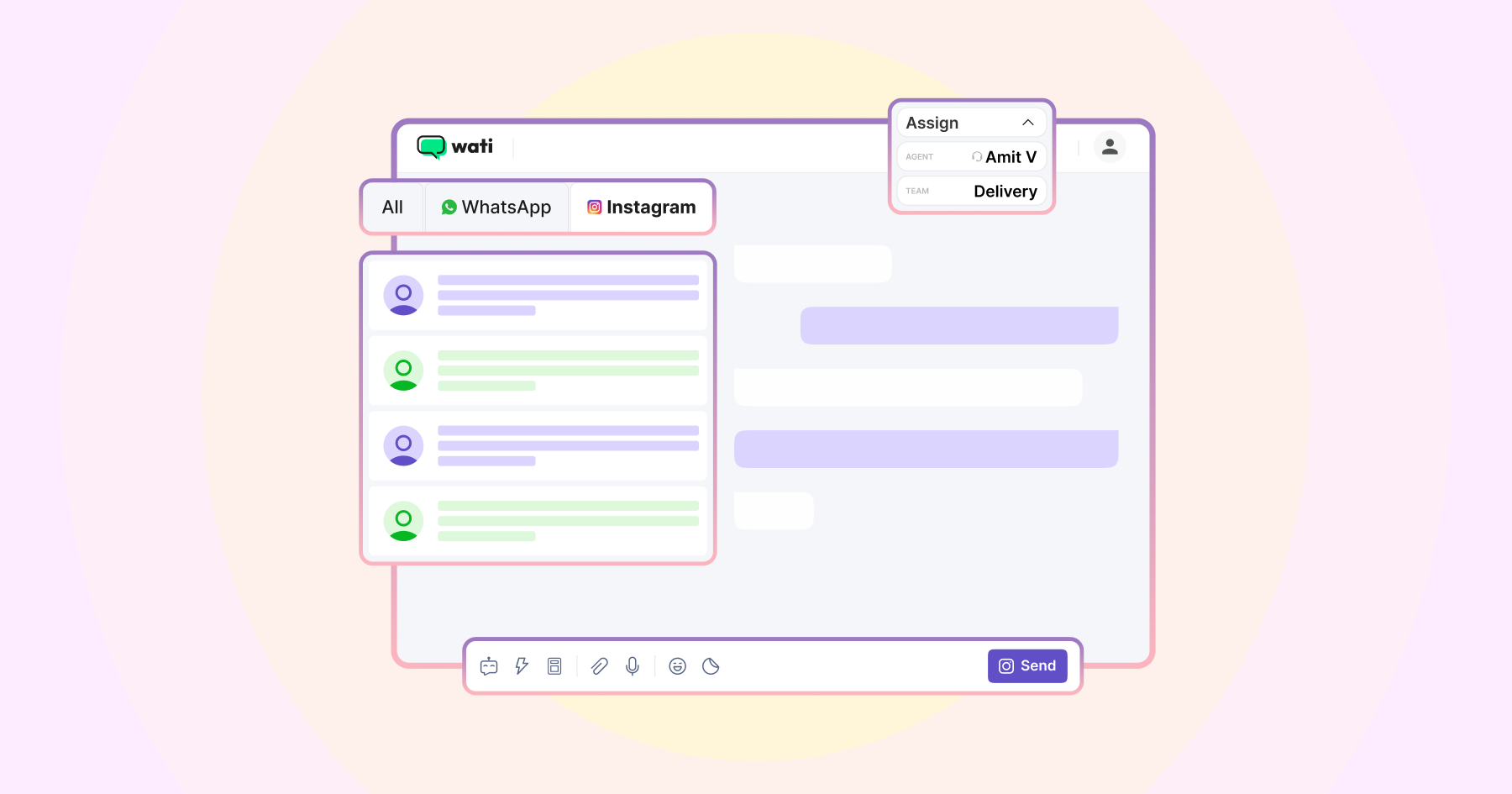 Wati’s unified inbox interface managing WhatsApp and Instagram messages, with agent assignment, filters, and multi-conversation view.