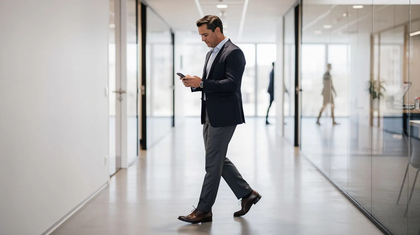 A professional is seen walking through a modern office hallway, intently checking their phone, likely reviewing important customer interactions or managing their cold email outreach. The sleek design of the office suggests a focus on productivity tools and effective communication strategies.