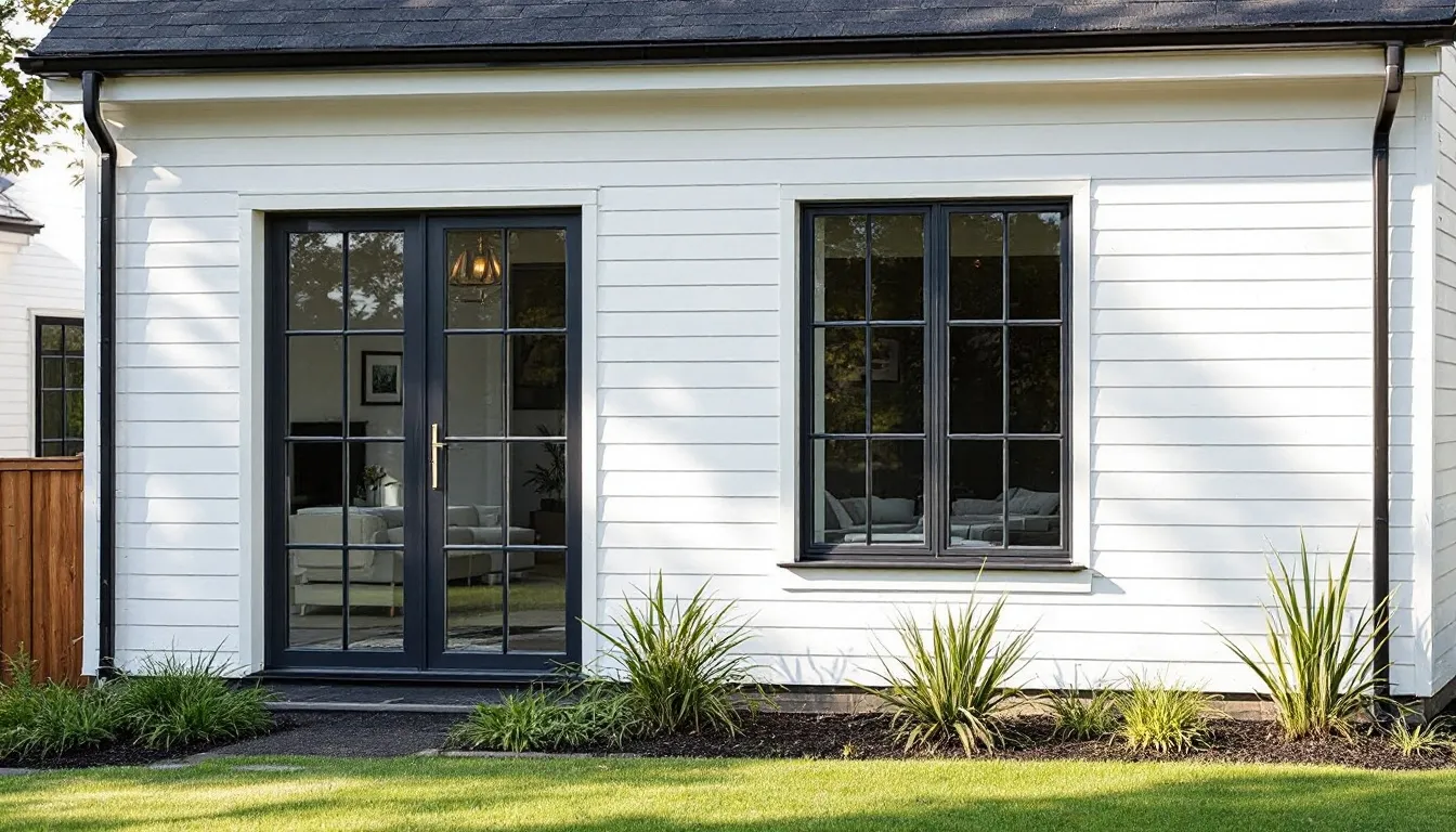 Een traditioneel huis met een witgeverfde buitengevel en antraciet kunststof kozijnen, die een moderne uitstraling geven. De donkere kozijnen creëren een chique en industriële look, waardoor het geheel een harmonieuze en stijlvolle indruk maakt.
