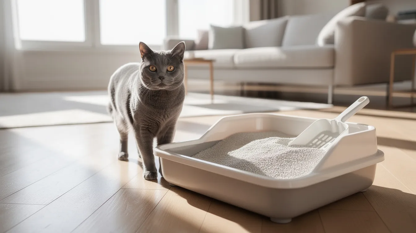 A cat stands beside a clean litter box in a bright home, showcasing its paw-friendly texture and outstanding odor control. The litter box is filled with clumping clay cat litter, ensuring easy scooping and minimal dust for the cat's health.