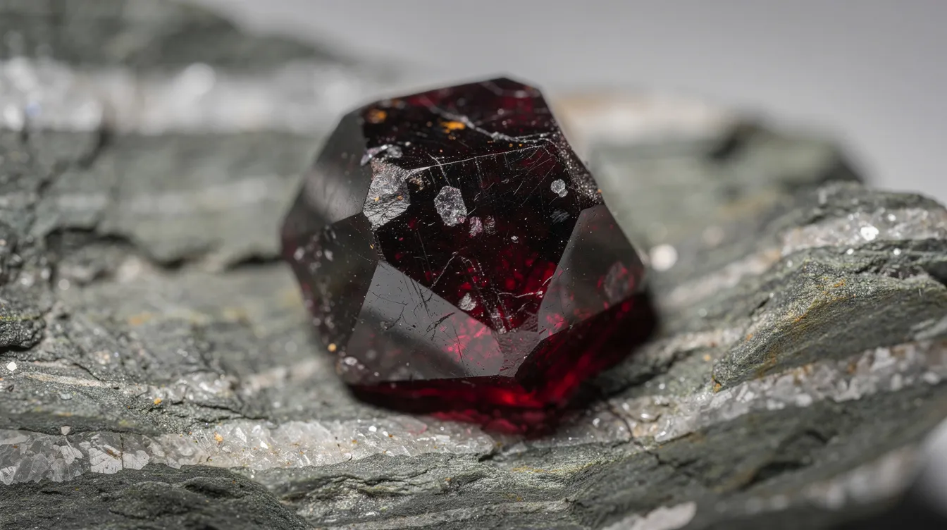 The image shows a close-up of a well-formed dodecahedral garnet crystal, exhibiting a deep red hue, embedded within a schist matrix. This gem quality garnet, part of the garnet group, showcases its distinct crystal structure and natural beauty against the textured backdrop of metamorphic rocks.