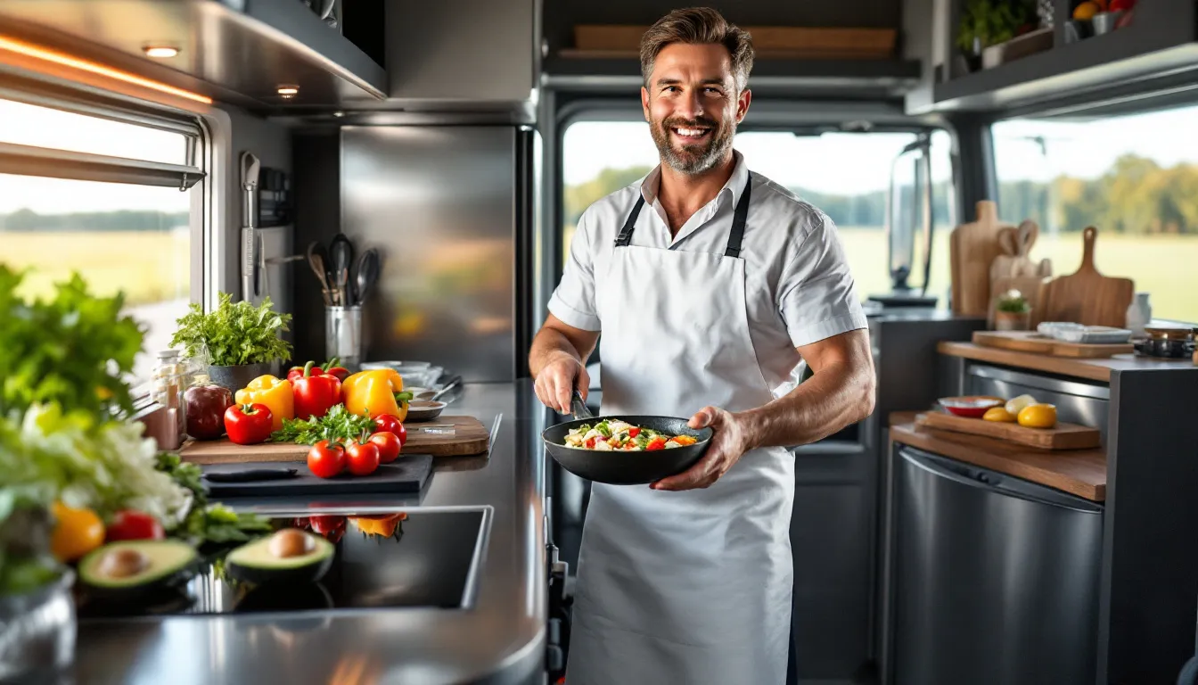 A truck driver preparing healthy meals in the cab to maintain health on the road.