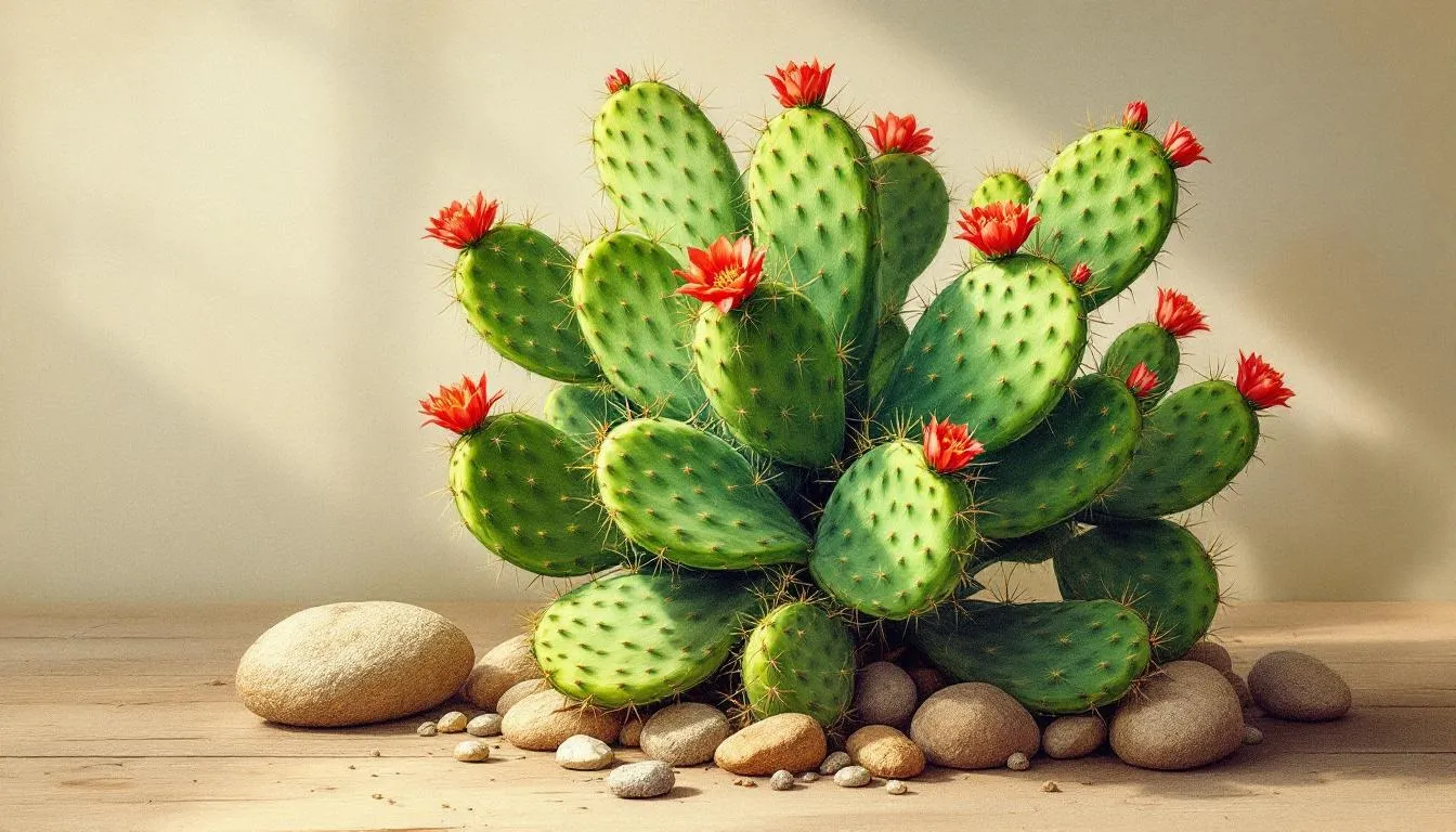 Ein sonniger Platz mit einem Opuntia Ficus Indica, der als Zimmerpflanze gedeiht.