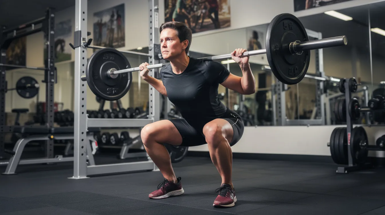 Een persoon voert squats uit met een barbell op de schouders in een sportschool, waarbij de focus ligt op het trainen van de grote spiergroepen van het lichaam. Deze compound oefening is een effectieve manier om spiermassa op te bouwen en de kracht in de lower body te verbeteren.