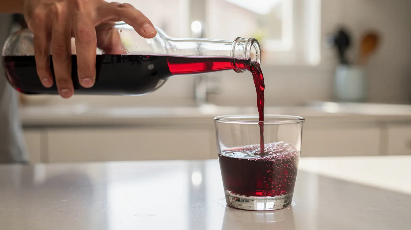 A person is pouring dark tart cherry juice from a bottle into a small glass in a kitchen, highlighting the beverage&rsquo;s potential sleep benefits. The scene suggests the incorporation of tart cherry juice into a bedtime routine for improved sleep quality.