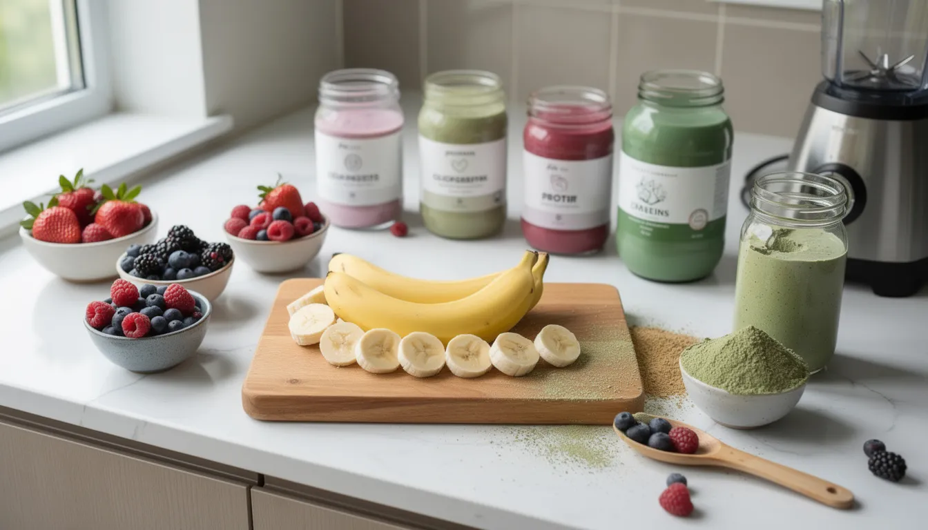 The image features a vibrant array of smoothie ingredients on a kitchen counter, including fresh berries, ripe bananas, and various powder supplements like protein powder and creatine. These colorful components suggest a focus on enhancing muscle protein synthesis and supporting muscle growth through a nutritious protein shake.