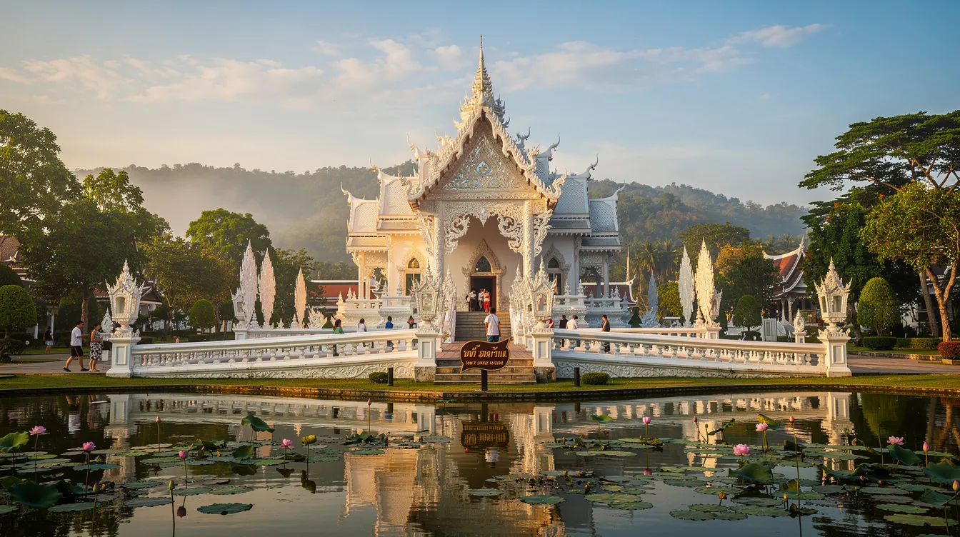 Imagem de Chiang Rai, na Tailândia, mostrando um templo budista com arquitetura intricada e colorida, cercado por uma paisagem verdejante. A cidade é um destino popular no sudeste asiático, conhecida por suas tradições culturais e mercados flutuantes.