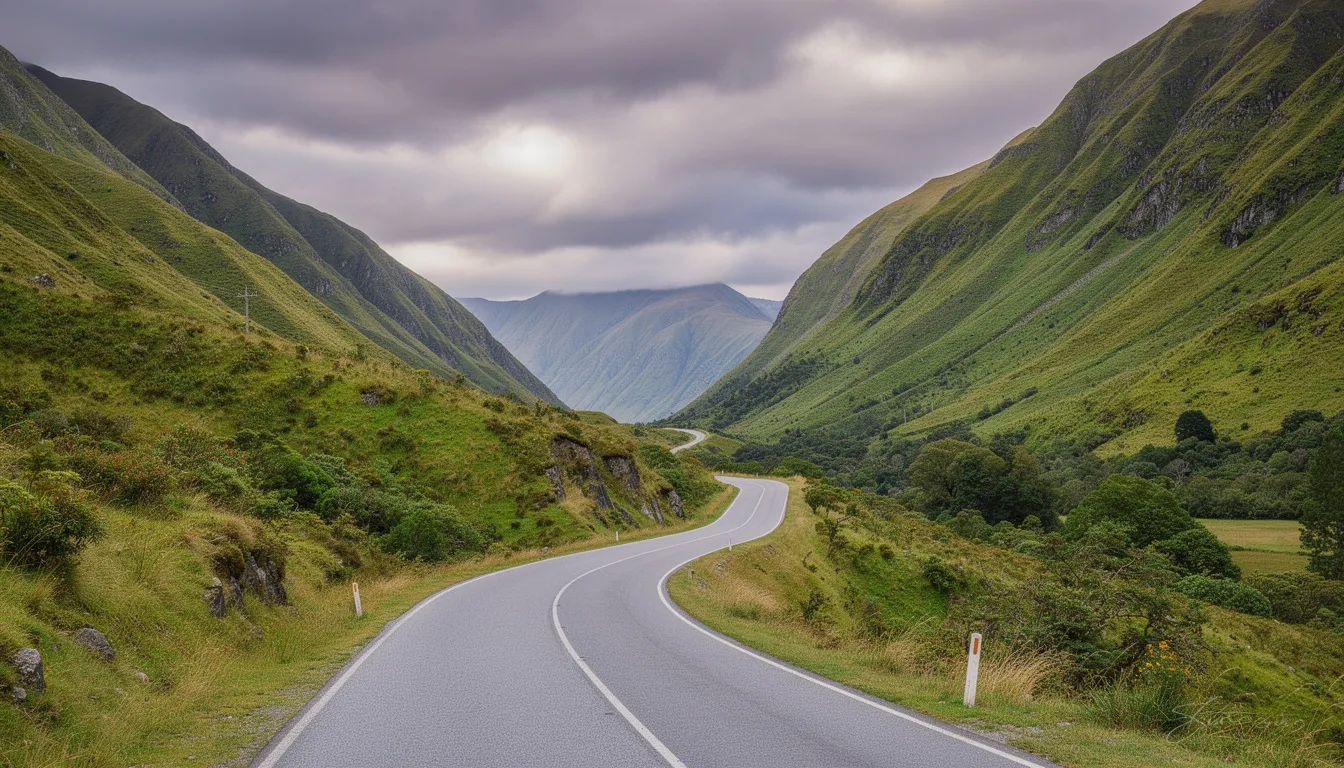 Une route sinueuse serpente à travers des montagnes verdoyantes en Nouvelle-Zélande, sous un ciel nuageux. Ce paysage évoque l'idée d'un road trip inoubliable, parfait pour ceux qui envisagent de louer une voiture pour explorer l'île du Nord.