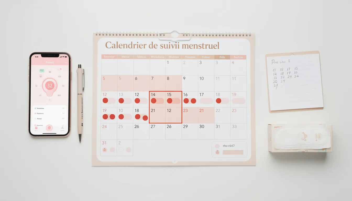Un calendrier est affiché avec des dates de règles soigneusement marquées, permettant un suivi précis des cycles menstruels. Ce visuel aide les femmes à mieux comprendre la durée de leur cycle menstruel et à gérer leur santé reproductive.