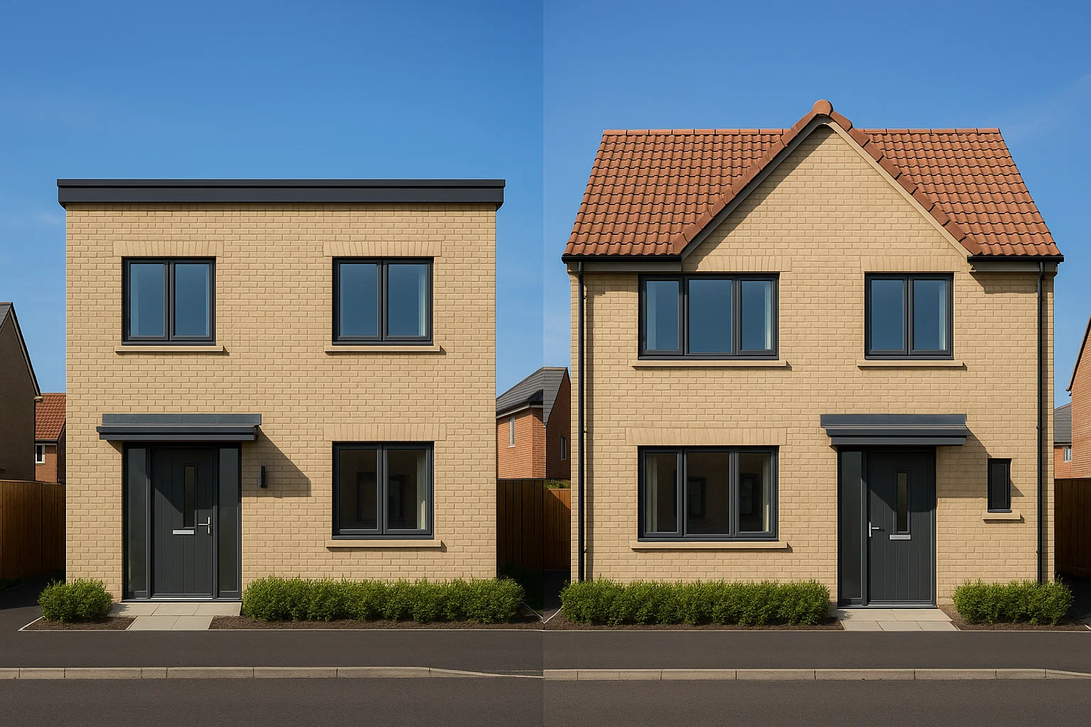 Flat roof and pitched roof on neighbouring UK houses showing structural differences.