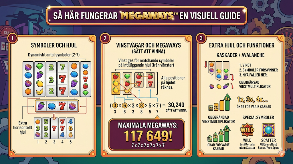 Så fungerar Megaways slots – visuell guide med symboler, hjul och upp till 117 649 vinstvägar, funktioner som free spins, multiplikatorer och cascading reels i populära Megaways slot spel