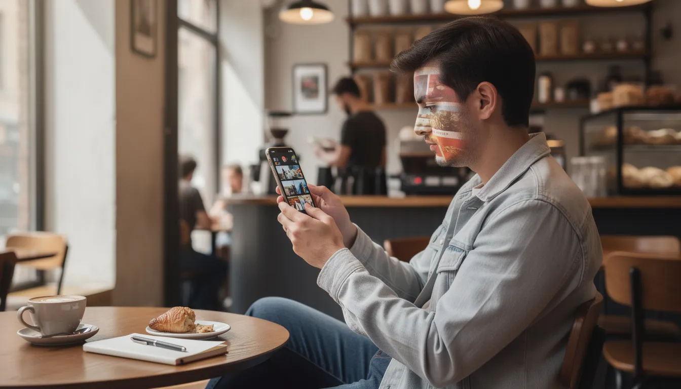A person is sitting in a café, scrolling through video content on their smartphone, surrounded by a cozy atmosphere. This scene reflects the growing trend of consuming video advertising and streaming content on mobile devices, highlighting the importance of digital advertising strategies in today's connected world.