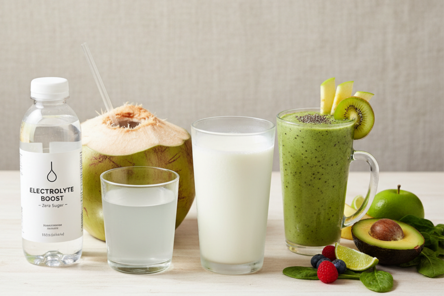 Flatlay of electrolyte drinks for seniors.
