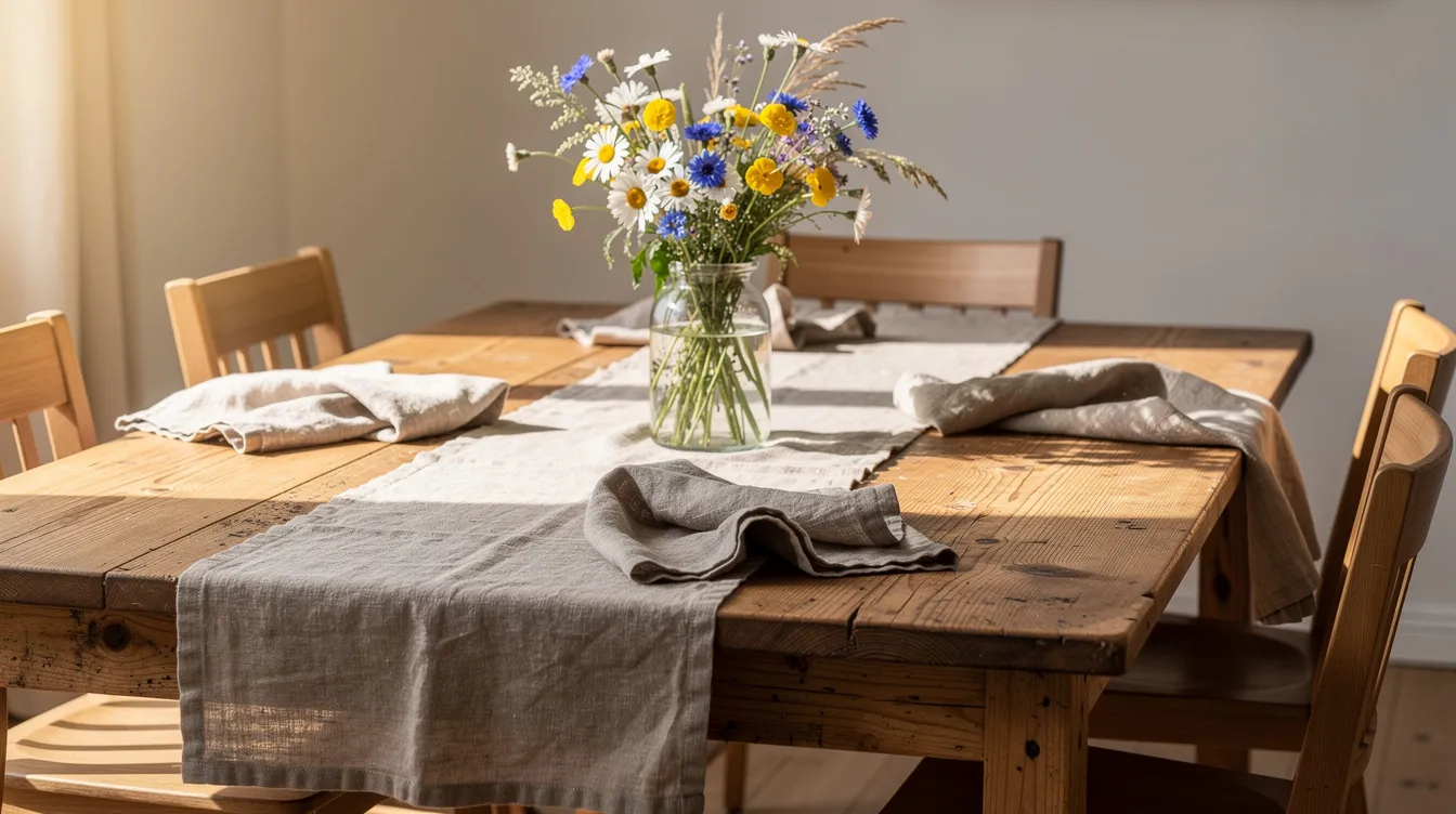 Ett rustikt matbord i trä pryder en mysig matplats, dekorerat med ett vackert linne och en vas fylld med vildblommor. Bordet ger en hemtrevlig känsla och inspirerar till olika idéer för att dekorera och skapa en personlig inredning.