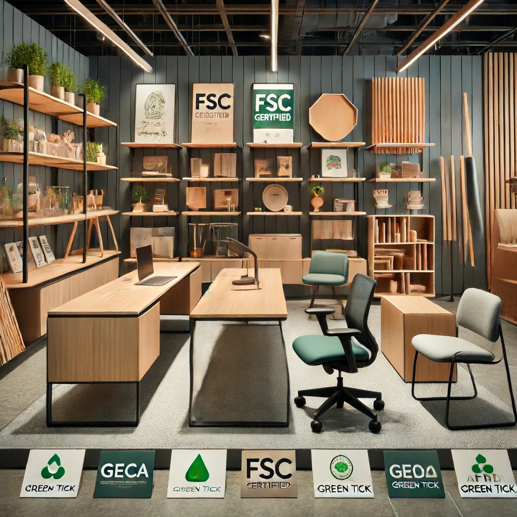 variety of modern and durable furniture pieces made from certified sustainable materials, with small signs or labels indicating their eco-friendly features and certifications.