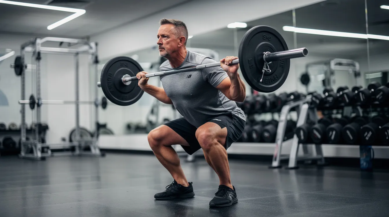 A middle-aged man is performing a barbell squat in a well-lit gym, showcasing his focus on muscle growth and strength training. This exercise supports healthy testosterone levels and boosts energy, contributing to overall male vitality and fitness.