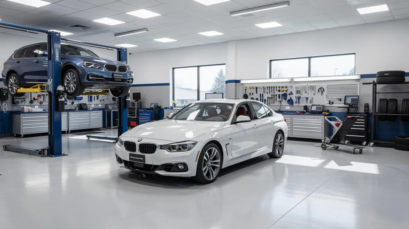 The image depicts a clean and professional auto shop interior featuring several BMW vehicles elevated on lifts, showcasing the expertise and high standards of BMW service. The environment is well-organized, reflecting a commitment to quality maintenance and repairs for BMW owners.