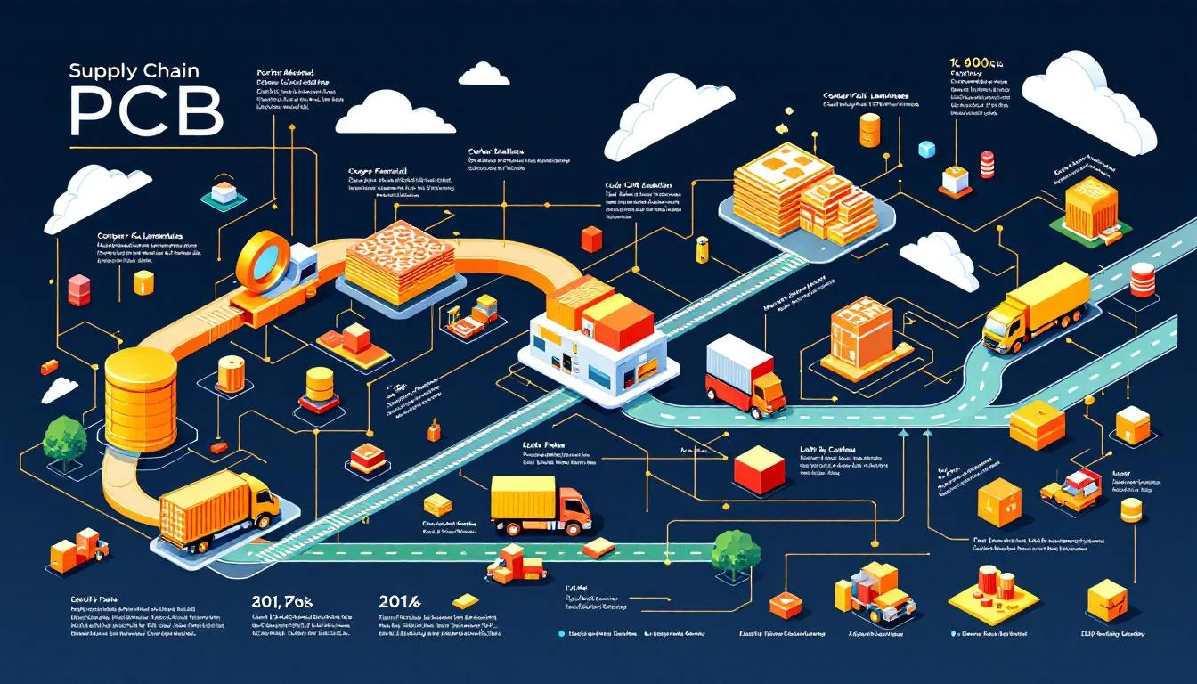 Supply chain management in PCB production, highlighting raw materials and logistics.