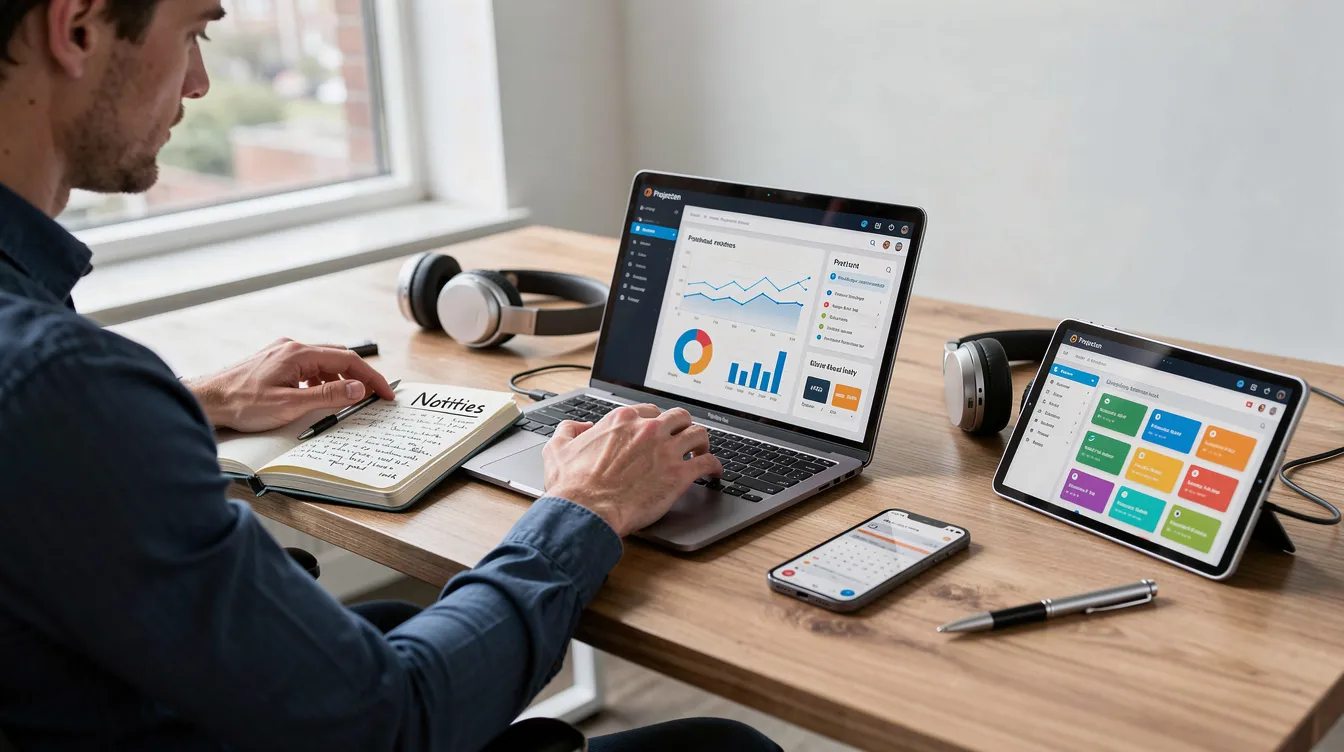 Een ondernemer werkt geconcentreerd aan zijn bureau met een laptop, notitieboek en verschillende digitale tools om zijn taken te organiseren en te verbeteren. De omgeving is modern en gestructureerd, wat de efficiëntie van zijn werkproces benadrukt.