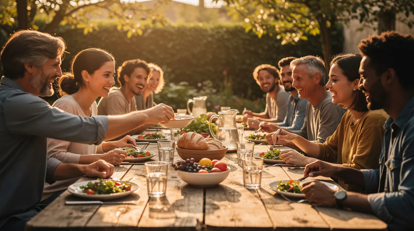 A diverse group of friends and family sits together at a long wooden table outdoors, sharing a simple meal in warm light, embodying the spirit of community and connection that Jesus fostered when he shared meals with his disciples. The scene captures laughter and conversation, reflecting the powerful way that sharing food can build relationships and create moments of joy in daily life.
