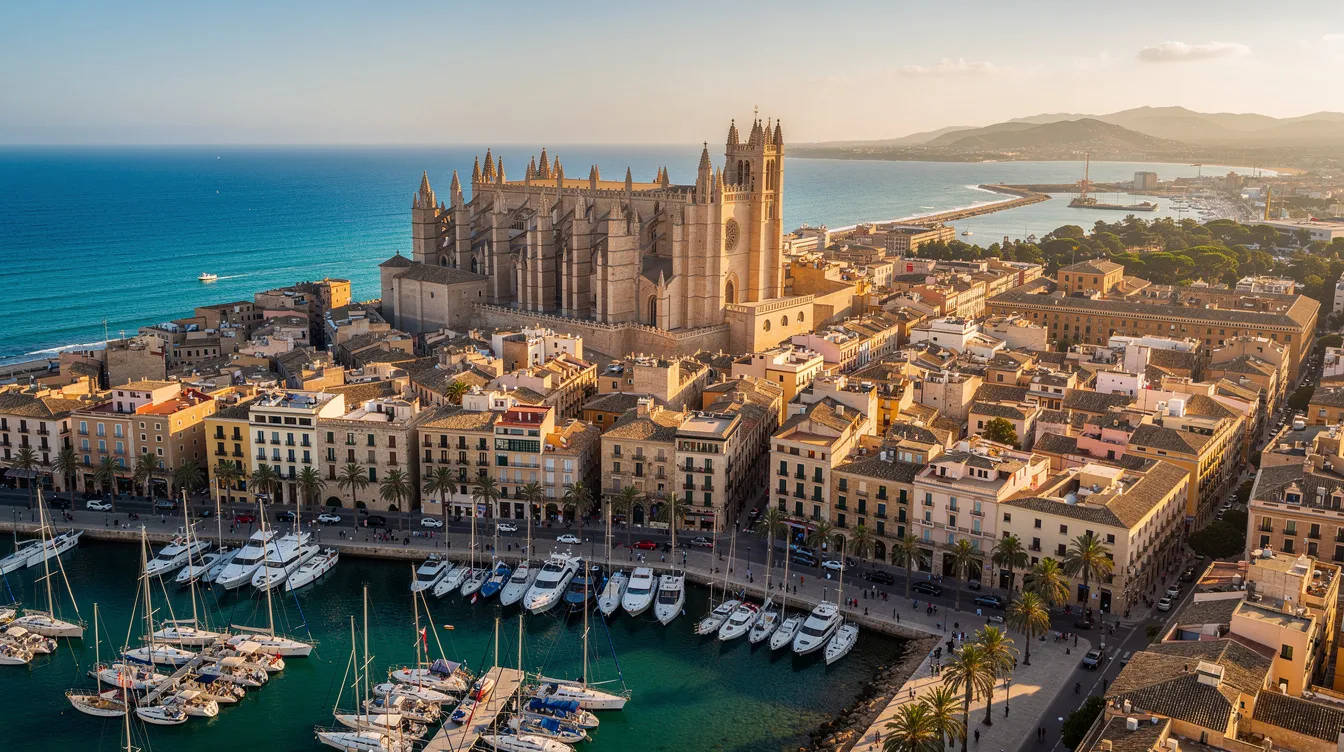 A imagem mostra uma vista panorâmica do centro histórico de Palma de Mallorca, destacando a imponente catedral e as charmosas ruas de paralelepípedos. Essa cidade, capital das Ilhas Baleares, é um destino popular no Mediterrâneo, conhecida por sua rica história e diversidade cultural.