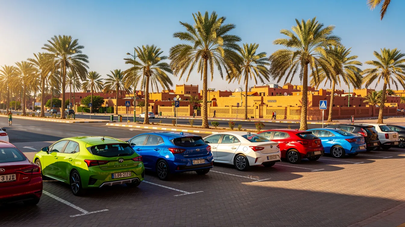 Una fila de coches de diferentes colores está estacionada en un parking junto a una avenida adornada con palmeras en Marruecos. Este espacio podría ser parte de un sistema de alquiler de coches, ofreciendo a los clientes una variedad de vehículos para satisfacer sus necesidades de movilidad.