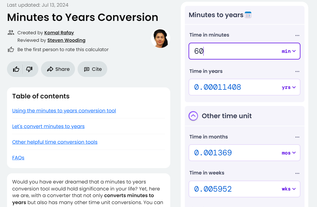 Omni calculator - Minutes to Years Conversion