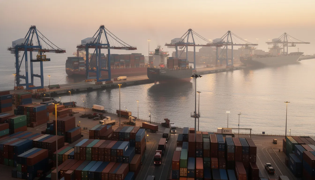 Na obrazie przedstawiony jest kontenerowy port morski, w którym widać różne statki towarowe oraz dźwigi portowe. Taki port odgrywa istotną rolę w działalności eksportowej, umożliwiając polskim firmom skuteczne zarządzanie ryzykiem związanym z płatnościami i weryfikacją zagranicznych kontrahentów.