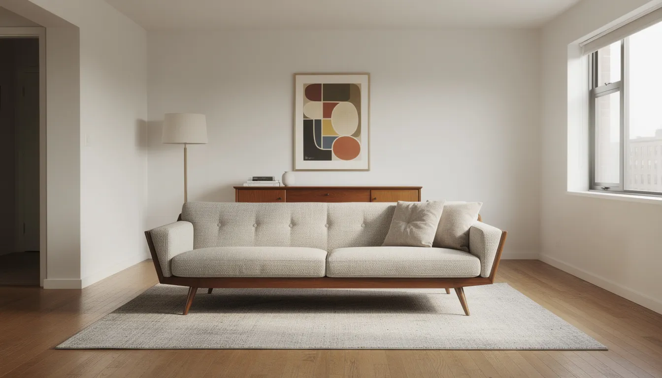 The image features a mid-century inspired sofa with tapered timber legs and a button-detail back, upholstered in a neutral fabric, set in a classic 1960s apartment. This stylish piece is ideal for small living spaces, offering a compact size and contemporary design that complements the overall aesthetic of the living area.