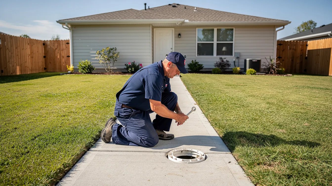 A professional plumber is inspecting an outdoor sewer cleanout access point in a residential backyard, located near a concrete path. The scene highlights the importance of regular sewer line inspection to prevent issues like clogged sewer lines and costly repairs in the home's plumbing system.