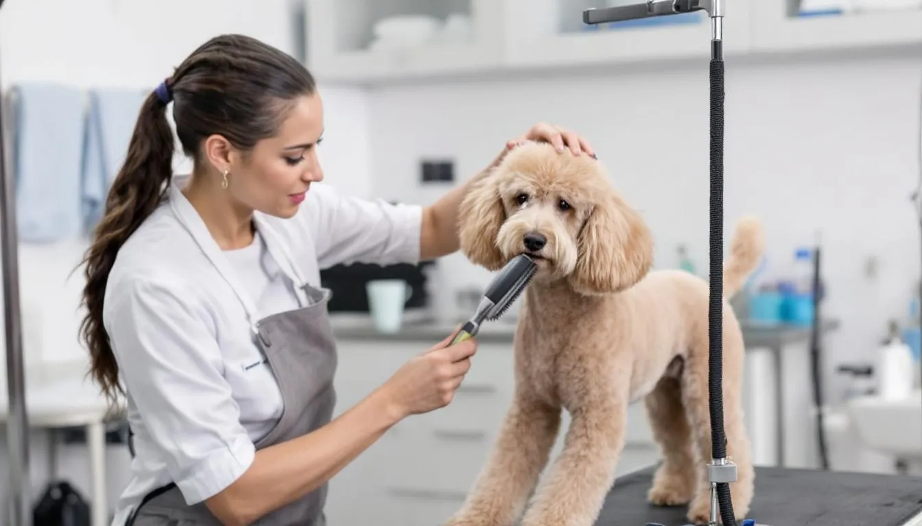 A professional groomer is carefully brushing the curly coat of a Standard Poodle, surrounded by various grooming tools. The dog, showcasing its characteristic fluffy fur, is sitting calmly while receiving attention and care from the groomer.
