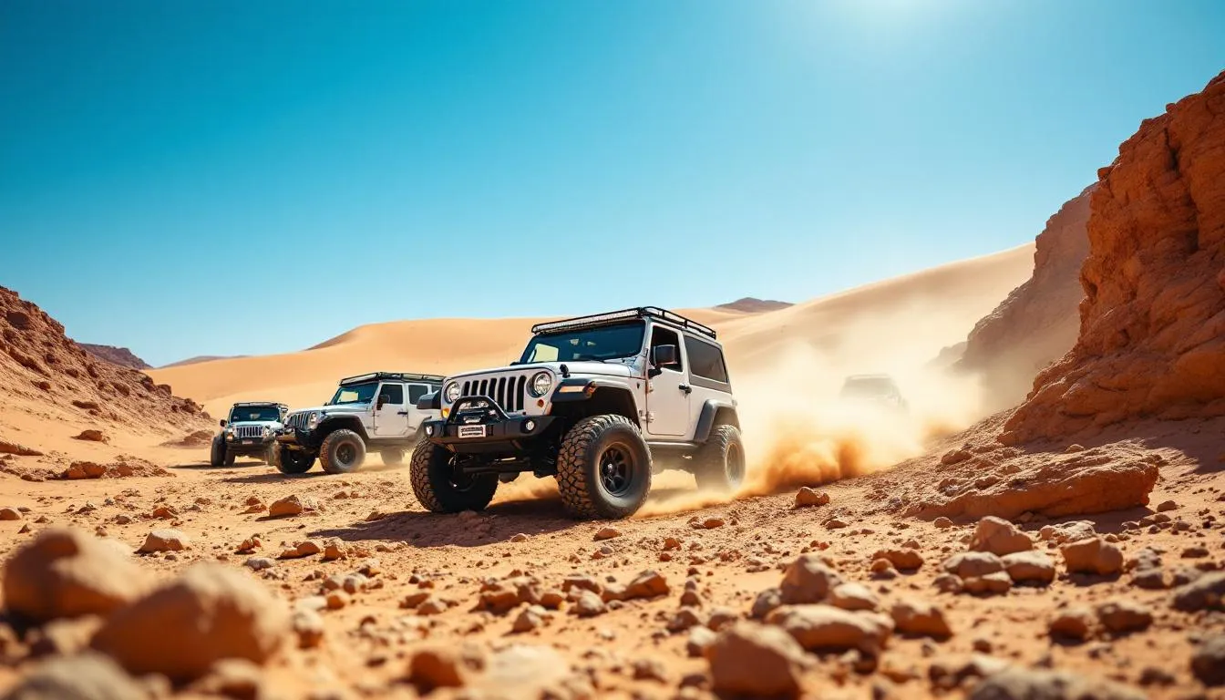 A convoy of professional 4x4 vehicles navigates rocky terrain in the Sahara Desert, with majestic sand dunes rising in the background, showcasing the breathtaking landscapes typical of Morocco desert tours. This scene captures the spirit of adventure found in desert trips, inviting exploration of the vast expanse and natural wonder of this UNESCO World Heritage site.