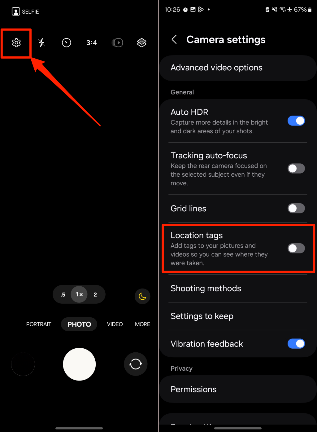 Camera settings screen on a Samsung phone