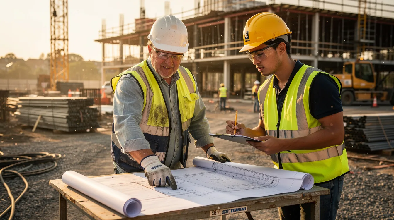 An experienced construction mentor and a younger apprentice are reviewing blueprints together on an active job site, highlighting the importance of hands-on training in the construction industry. This interaction emphasizes the essential skills and knowledge transfer necessary for future success in construction jobs.