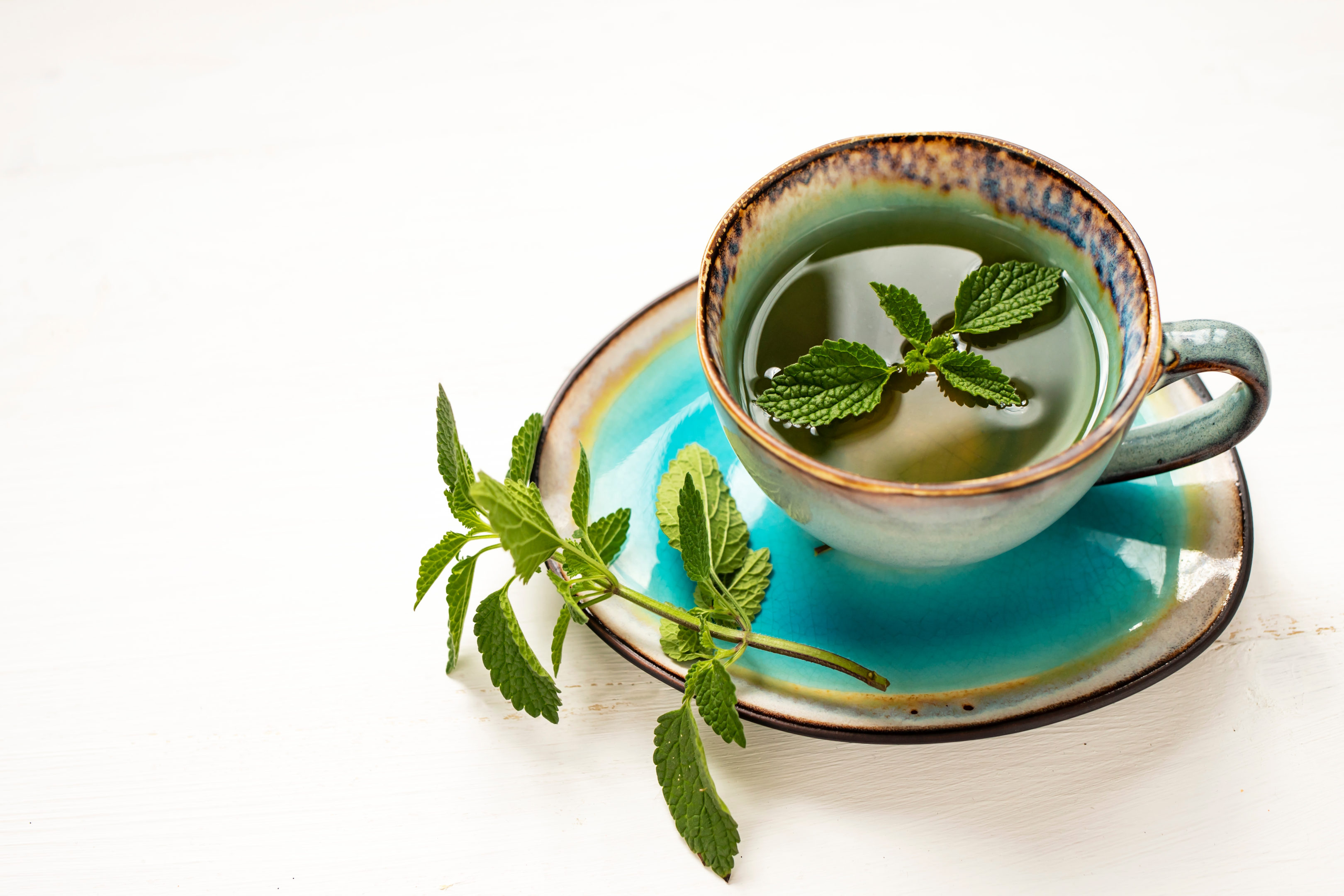 Cup of mint tea on saucer. Drink mint tea or ginger tea to battle nausea when taking Wegovy. 