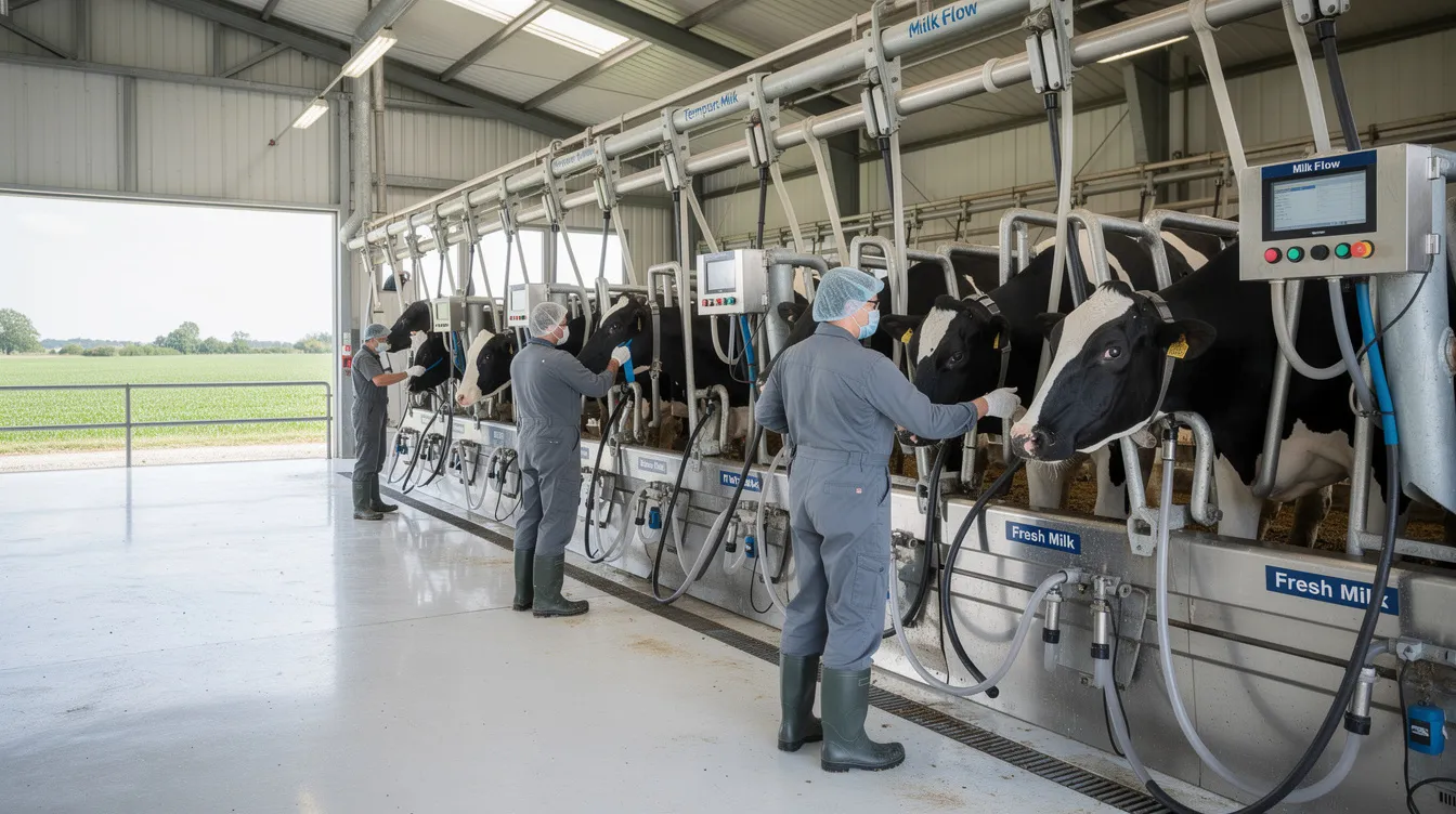The image depicts dairy farm workers efficiently operating milking machines within a clean, modern shed, showcasing the advanced practices of dairy farming. This setting highlights the importance of technology in maximizing milk production and supporting dairy entrepreneurship development schemes.