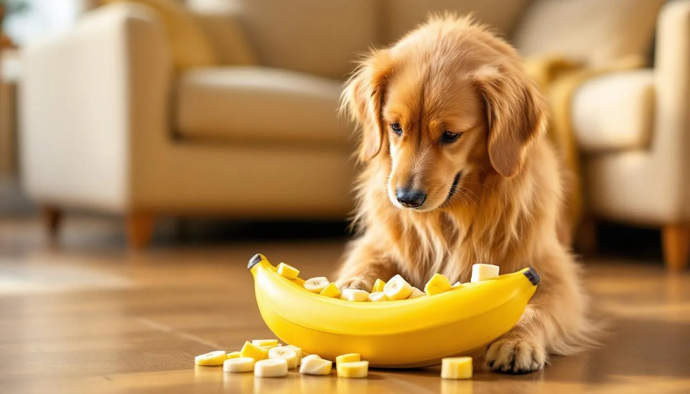 A happy dog is enjoying frozen banana pieces from a puzzle toy, showcasing a playful moment while indulging in this tasty treat. This refreshing snack highlights that dogs can eat bananas in moderation, providing a nutritious alternative to regular dog food.