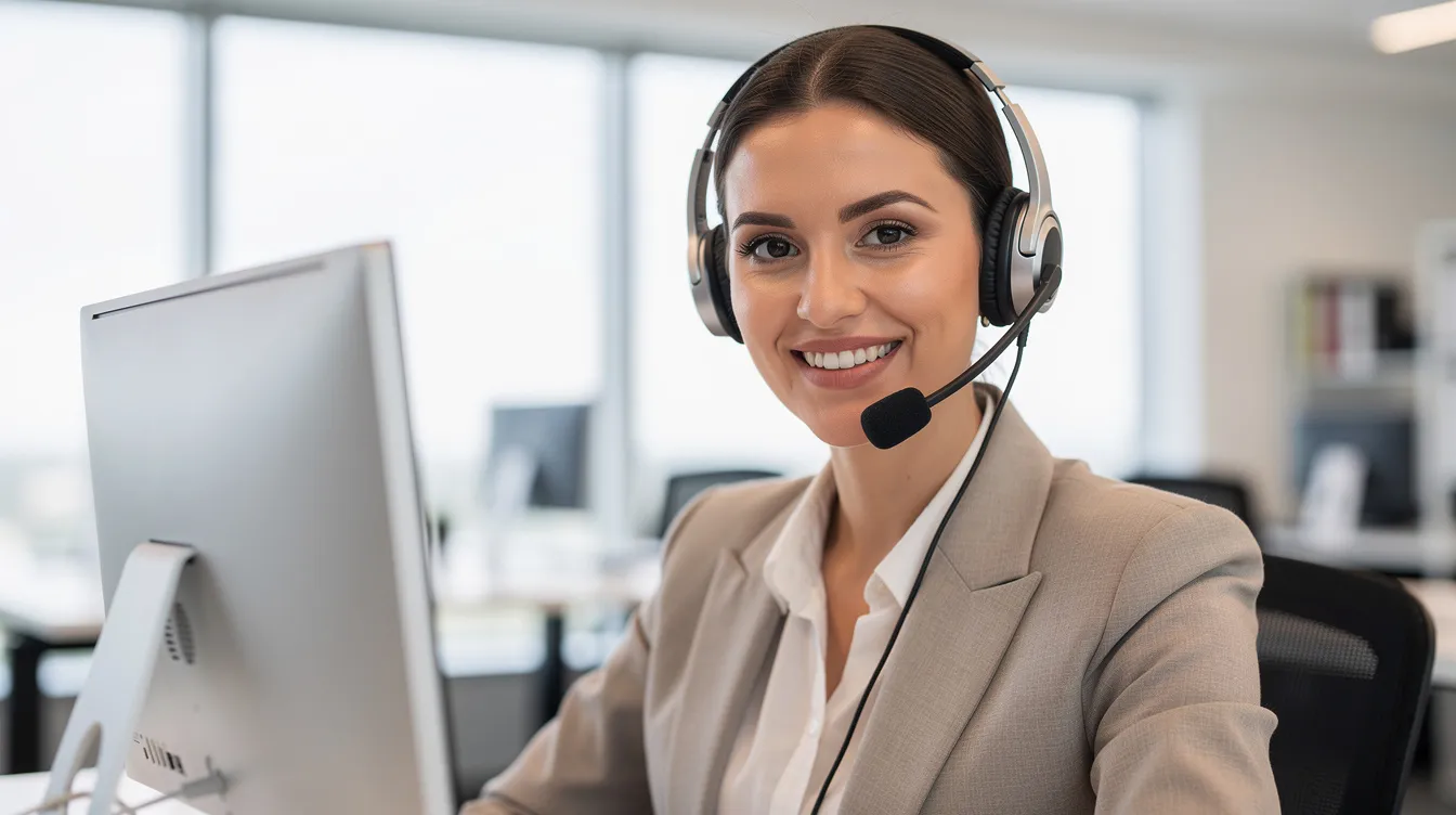 Eine freundliche Kundenservice-Mitarbeiterin mit Headset lächelt in die Kamera und vermittelt einen hilfsbereiten Eindruck. Sie steht bereit, um Informationen zu Stromversorgung, Vertragsdaten und Kundenanfragen zu beantworten.