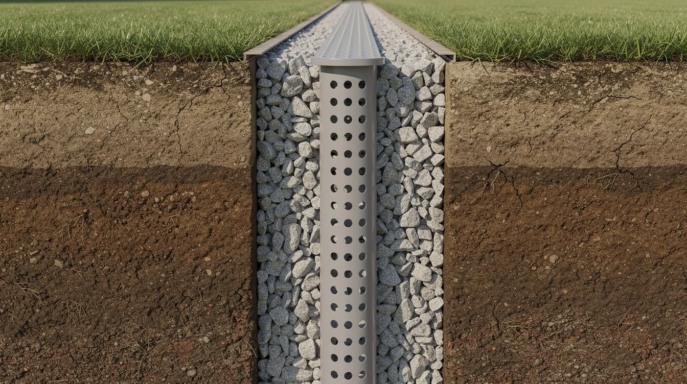 The image depicts a residential French drain trench filled with angular crushed gravel surrounding a perforated plastic pipe, designed to improve drainage in landscaping projects. This setup is commonly used in both residential and commercial projects to enhance water movement and prevent erosion.