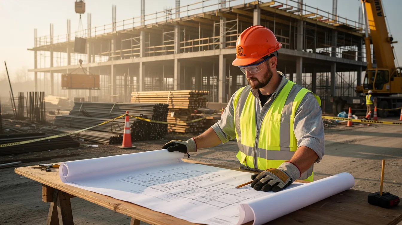A construction worker stands at a job site, intently reviewing blueprints while surrounded by construction materials and equipment. This scene highlights the importance of licensed contractors and compliance with regulations, such as obtaining a contractor license bond for financial protection in the construction industry.