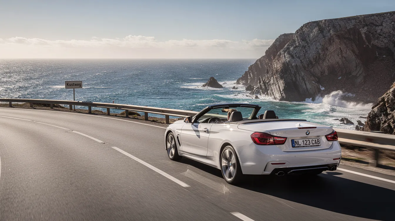 Een witte cabriolet rijdt langs een kustweg met adembenemende uitzichten op de blauwe oceaan en kliffen, perfect voor een onvergetelijke reis in Marokko. Deze luxe auto biedt de vrijheid om het koninkrijk Marokko op eigen tempo te verkennen.