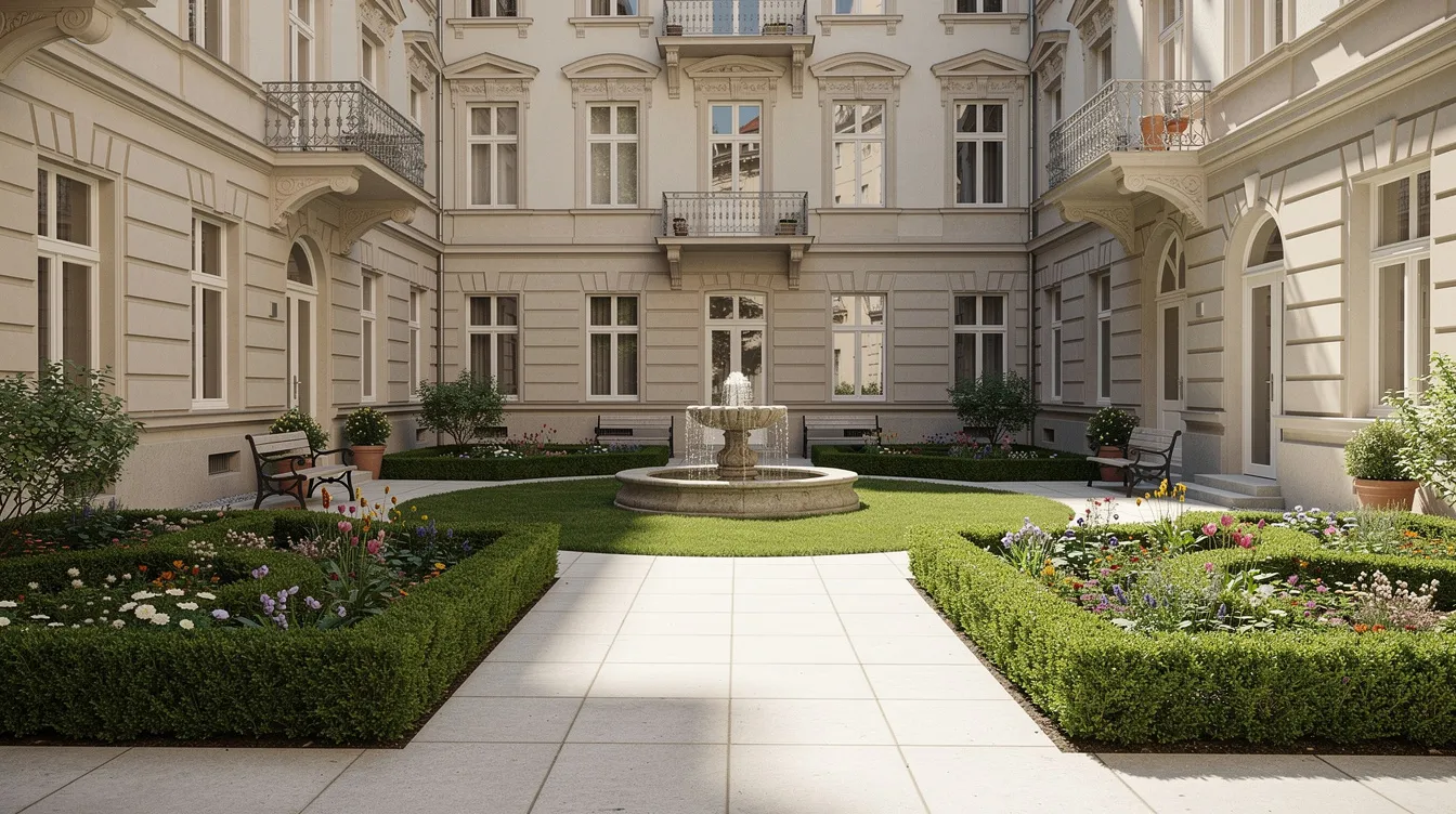 Das Bild zeigt einen gut gepflegten Innenhofgarten in einem Wohnkomplex in Wien, mit ordentlich geschnittenen Hecken und sauberen Wegen. Diese ansprechende Außenanlage spiegelt die Qualität von professionellen Hausmeisterdiensten wider und bietet den Bewohnern einen angenehmen Raum zur Erholung.
