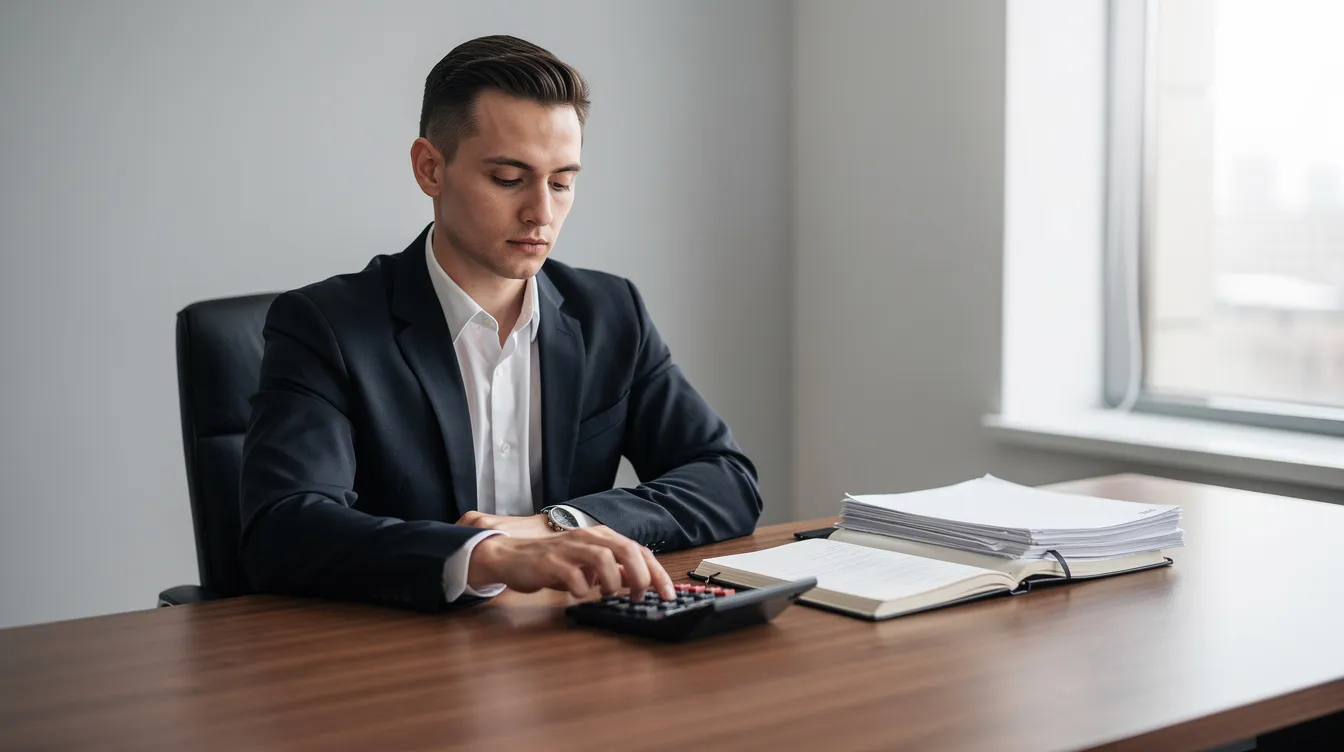 An attorney is focused on calculations, possibly assessing pain and suffering damages related to personal injury claims. The scene captures the meticulous work involved in determining fair compensation for clients dealing with physical and emotional pain.