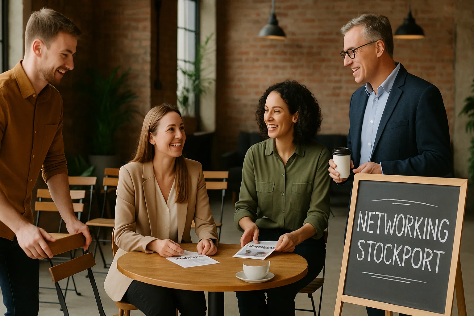 Local team organising a small business networking event at an informal venue, preparing for attendees with a welcoming atmosphere.