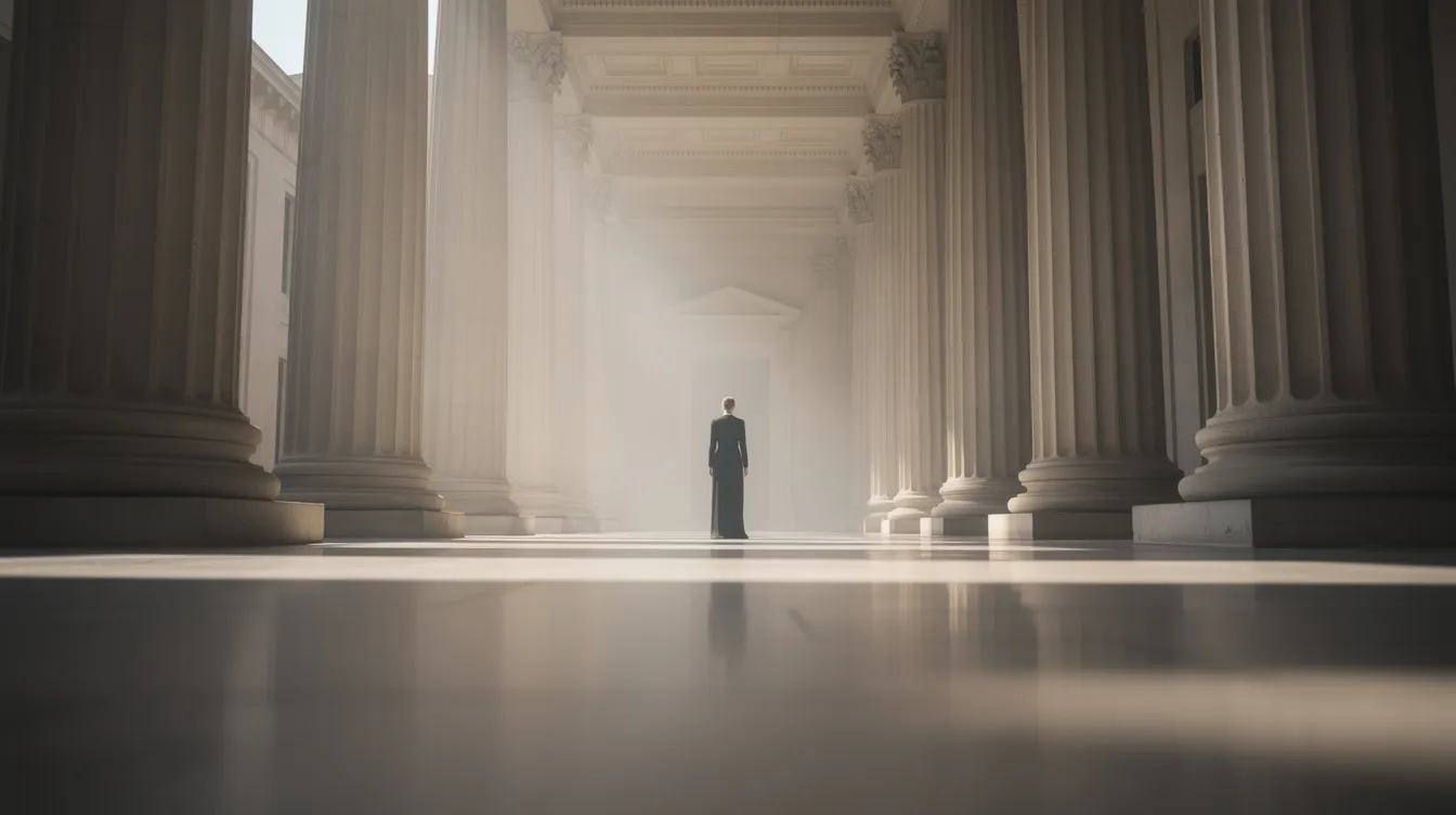 Eine Person in formeller Kleidung steht am Ende eines langen, imposanten Korridors, der von Säulen gesäumt ist. Die Aufnahme aus einer niedrigen Kameraperspektive betont die majestätische Architektur und die zentrale Rolle der Figur in dieser eindrucksvollen Umgebung.