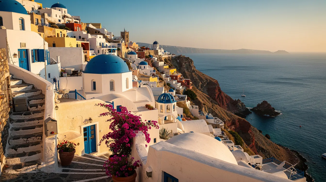 A imagem mostra casas brancas e azuis típicas de uma ilha grega, com o mar Egeu ao fundo, refletindo a beleza e a arquitetura característica da Grécia. O cenário evoca a cultura mediterrânea e a tranquilidade das ilhas, atraindo turistas em busca de paisagens deslumbrantes.