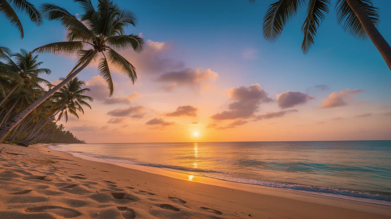 Ein malerischer tropischer Strand bei Sonnenuntergang zeigt silhuettierte Palmen vor einem glitzernden, türkisfarbenen Wasser. Diese idyllische Szenerie ist ein perfektes Reiseziel für Reisende, die nach den besten Hotels und unglaublichen buchbaren Angeboten suchen.
