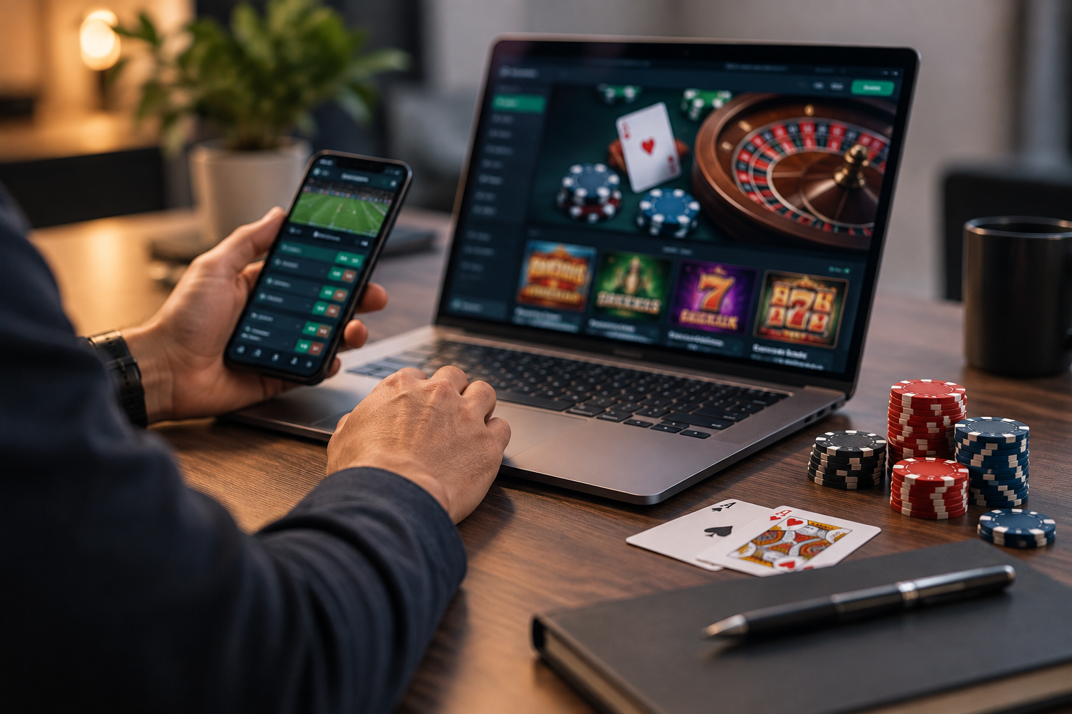 Person using a sports betting app and online casino platform with poker chips and playing cards nearby.