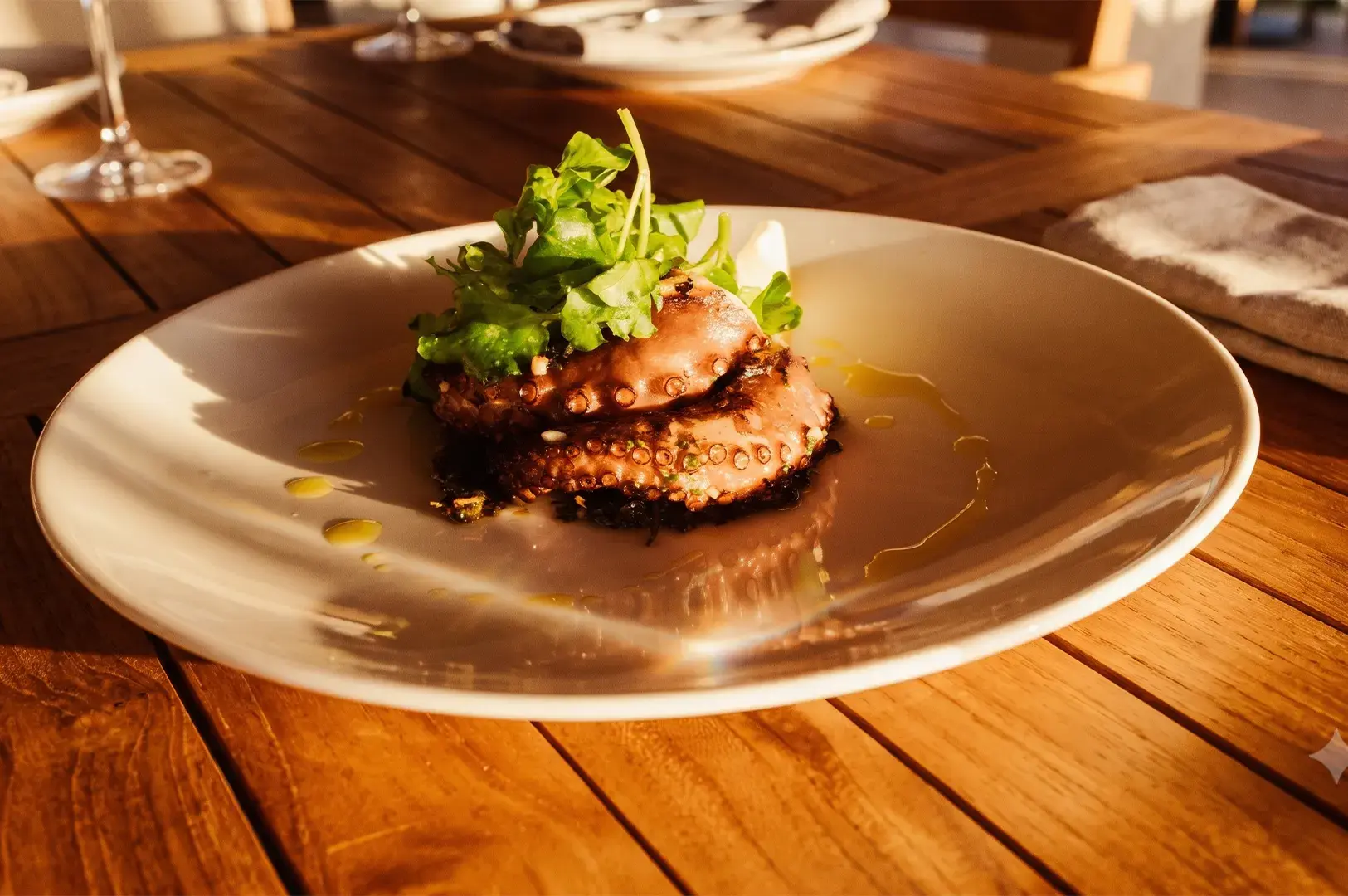 Grilled octopus appetizer served with fresh greens on a white plate at a wooden dining table.